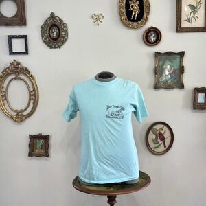 Vintage Screen Printed Light Blue Graphic T-Shirt – Men's Medium